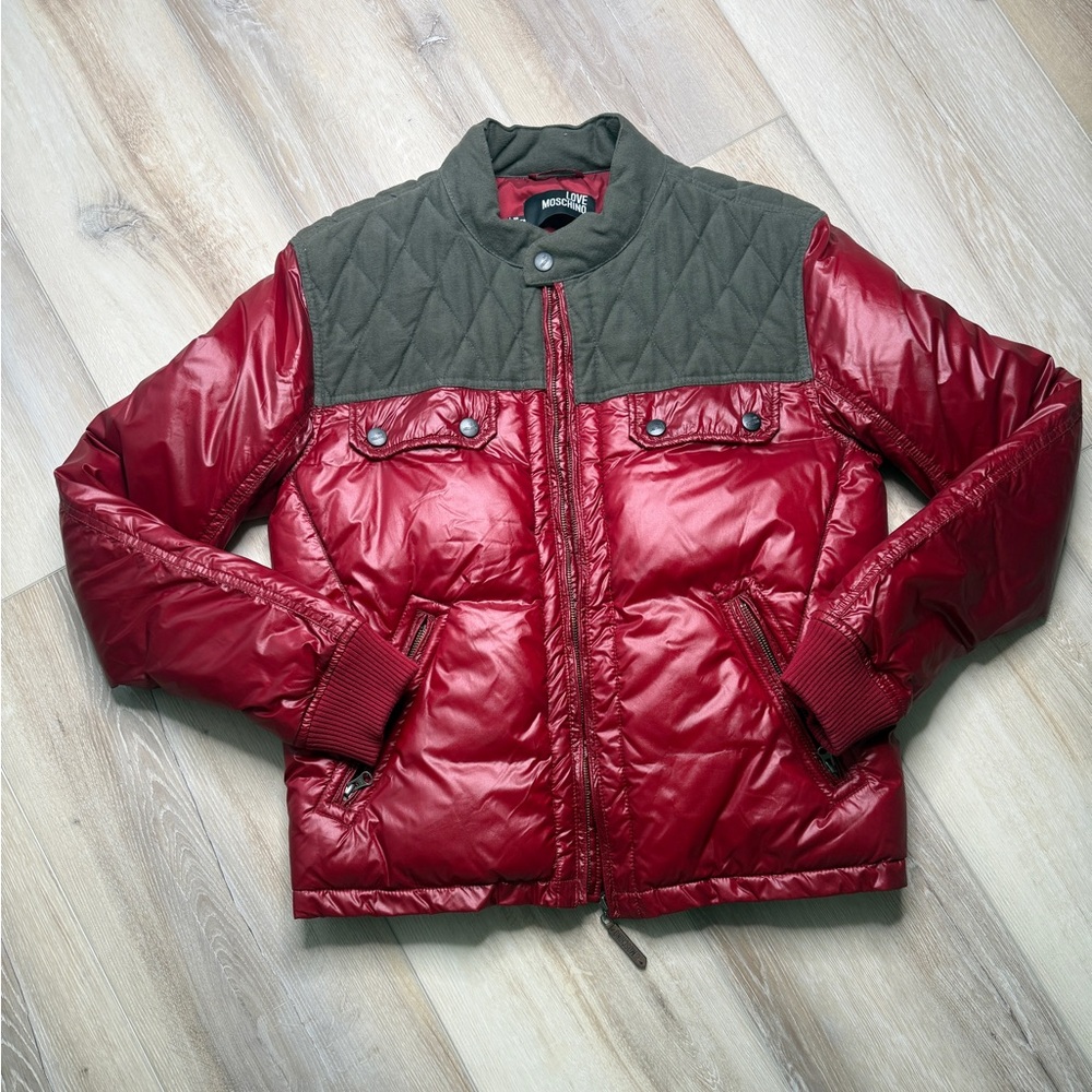 Moschino Puffer Jacket Men’s Size 50 /L with Olive Quilted Yoke